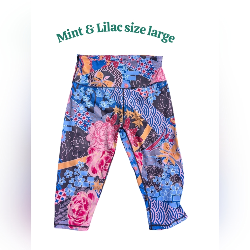 Mint Lilac Leggings Womens Extra Large Floral Stretch EUC